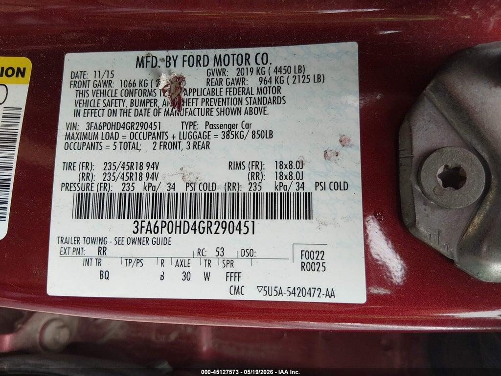 3FA6P0HD4GR290451 2016 FORD FUSION photo no. 9
