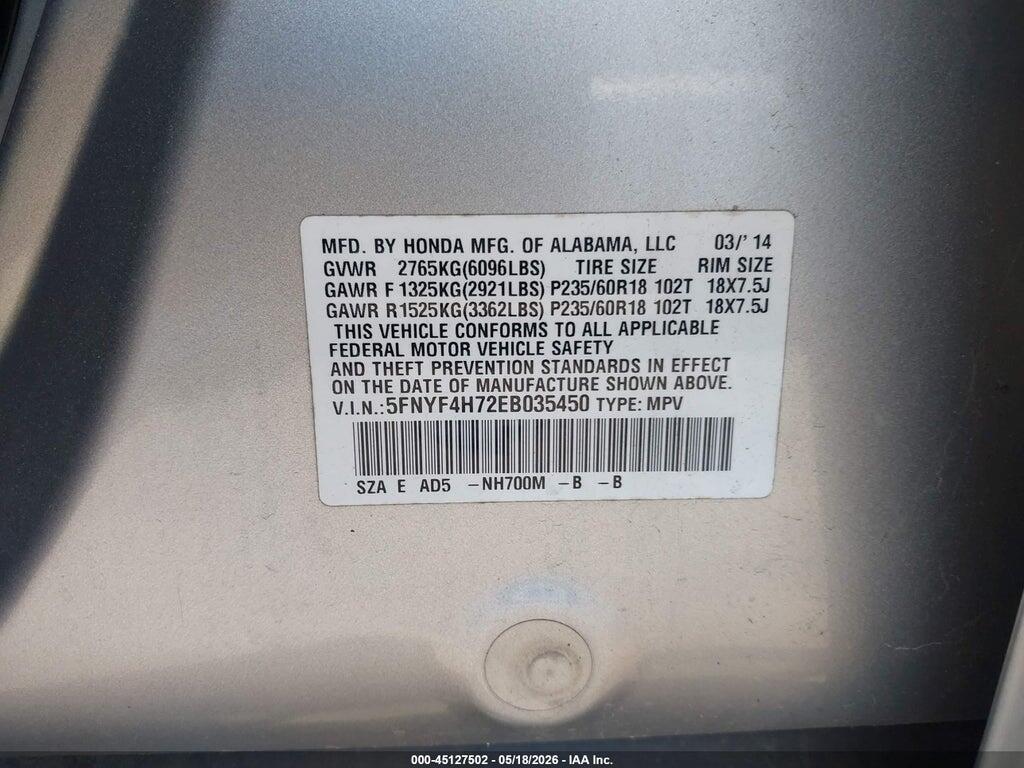 5FNYF4H72EB035450 2014 HONDA PILOT photo no. 9