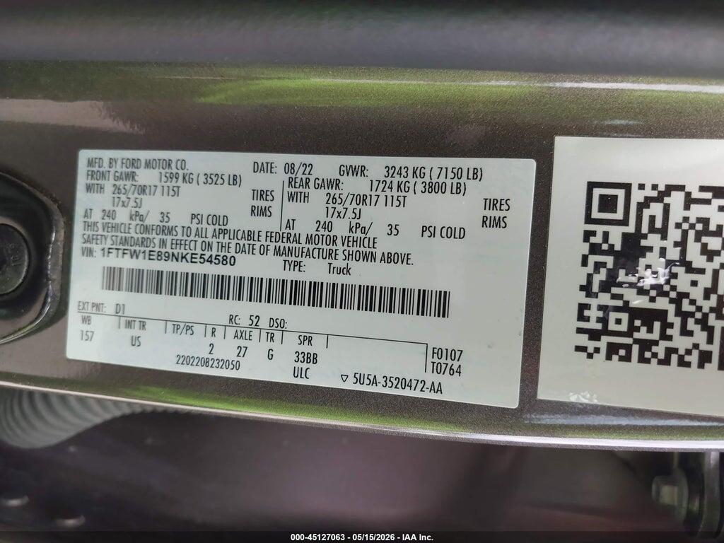 1FTFW1E89NKE54580 2022 FORD F-150 photo no. 9