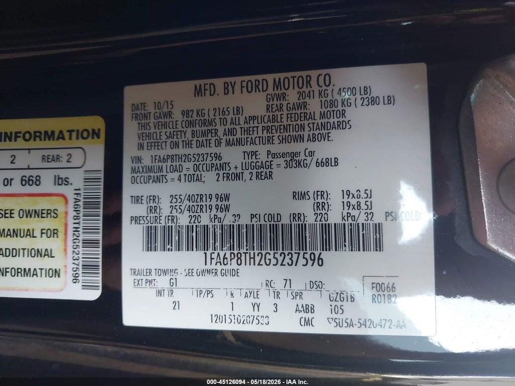 1FA6P8TH2G5237596 2016 FORD MUSTANG photo no. 9