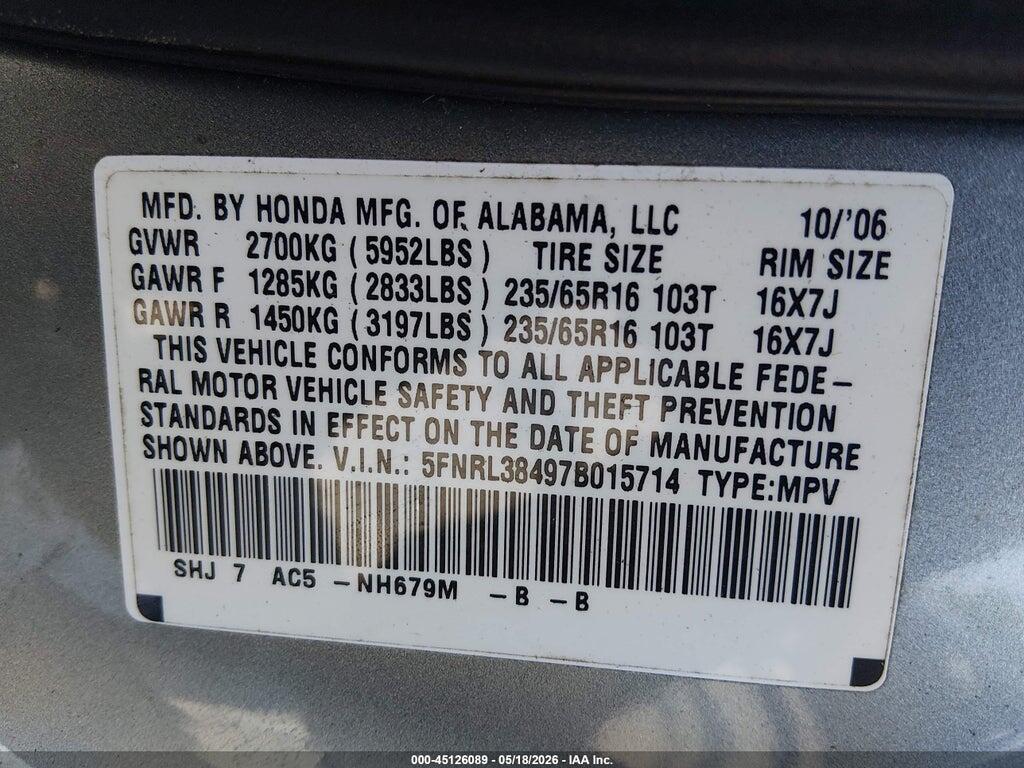 5FNRL38497B015714 2007 HONDA ODYSSEY photo no. 9