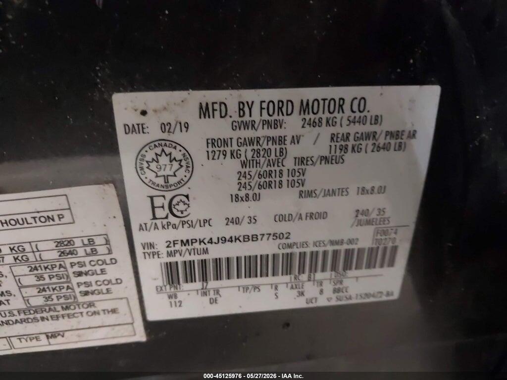 2FMPK4J94KBB77502 2019 FORD EDGE photo no. 9