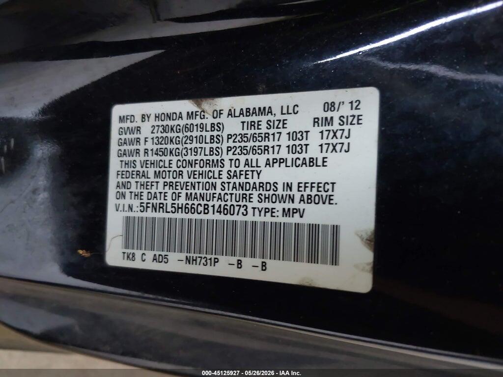 5FNRL5H66CB146073 2012 HONDA ODYSSEY photo no. 9