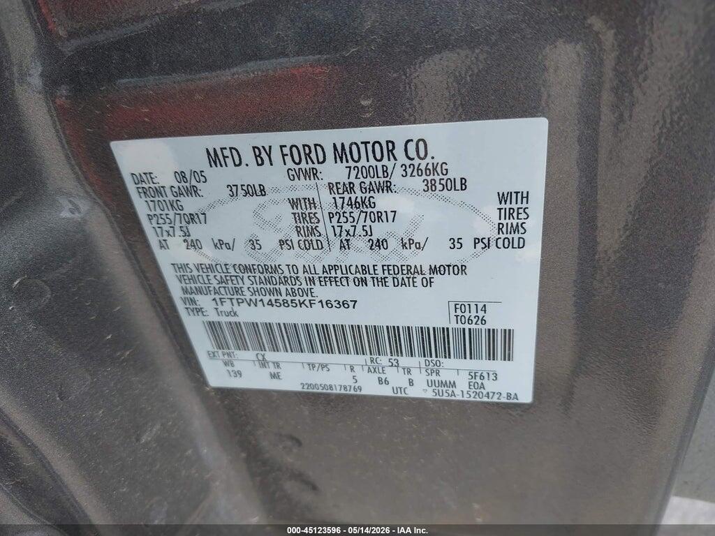 1FTPW14585KF16367 2005 FORD F-150 photo no. 9