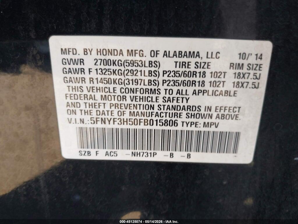 5FNYF3H50FB015806 2015 HONDA PILOT photo no. 9