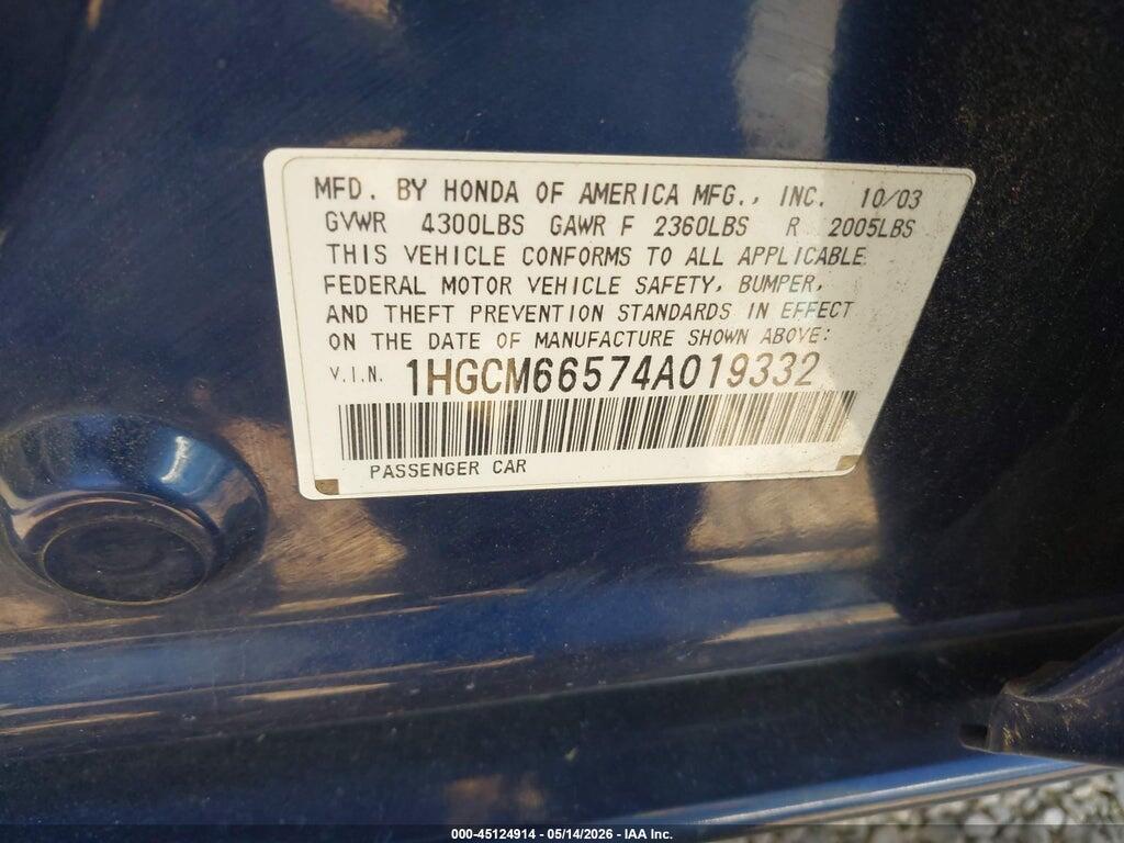 1HGCM66574A019332 2004 HONDA ACCORD photo no. 9
