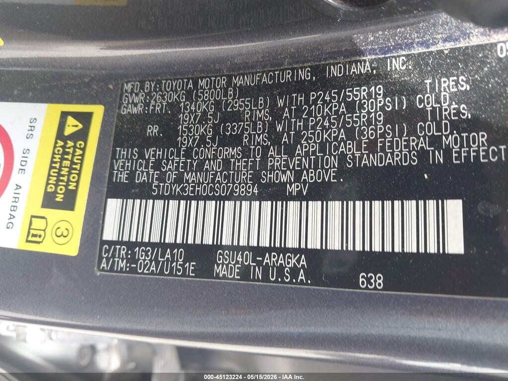5TDYK3EH0CS079894 2012 TOYOTA HIGHLANDER photo no. 9