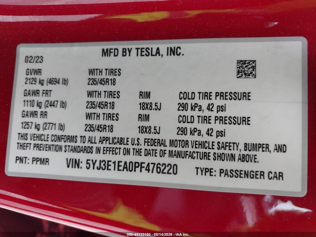 5YJ3E1EA0PF476220 2023 TESLA MODEL 3 photo no. 9