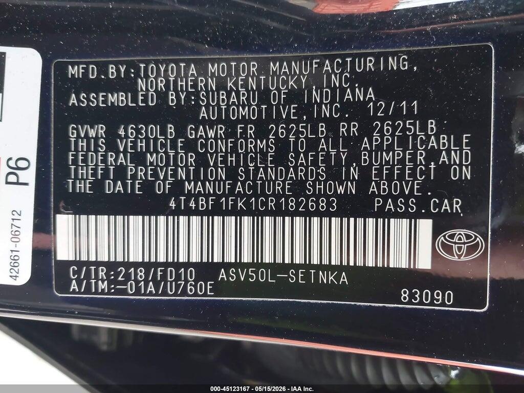 4T4BF1FK1CR182683 2012 TOYOTA CAMRY photo no. 9