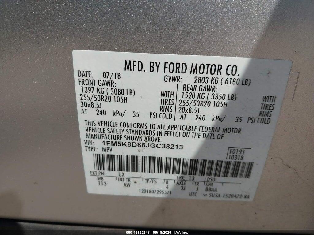 1FM5K8D86JGC38213 2018 FORD EXPLORER photo no. 9