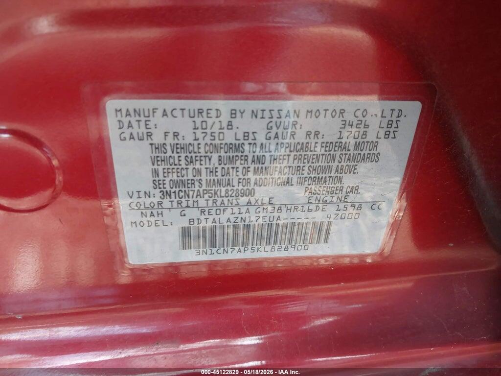 3N1CN7AP5KL828900 2019 NISSAN VERSA photo no. 9