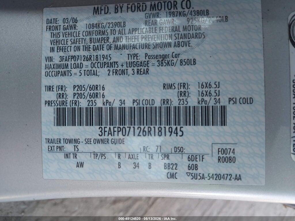 3FAFP07126R181945 2006 FORD FUSION photo no. 9