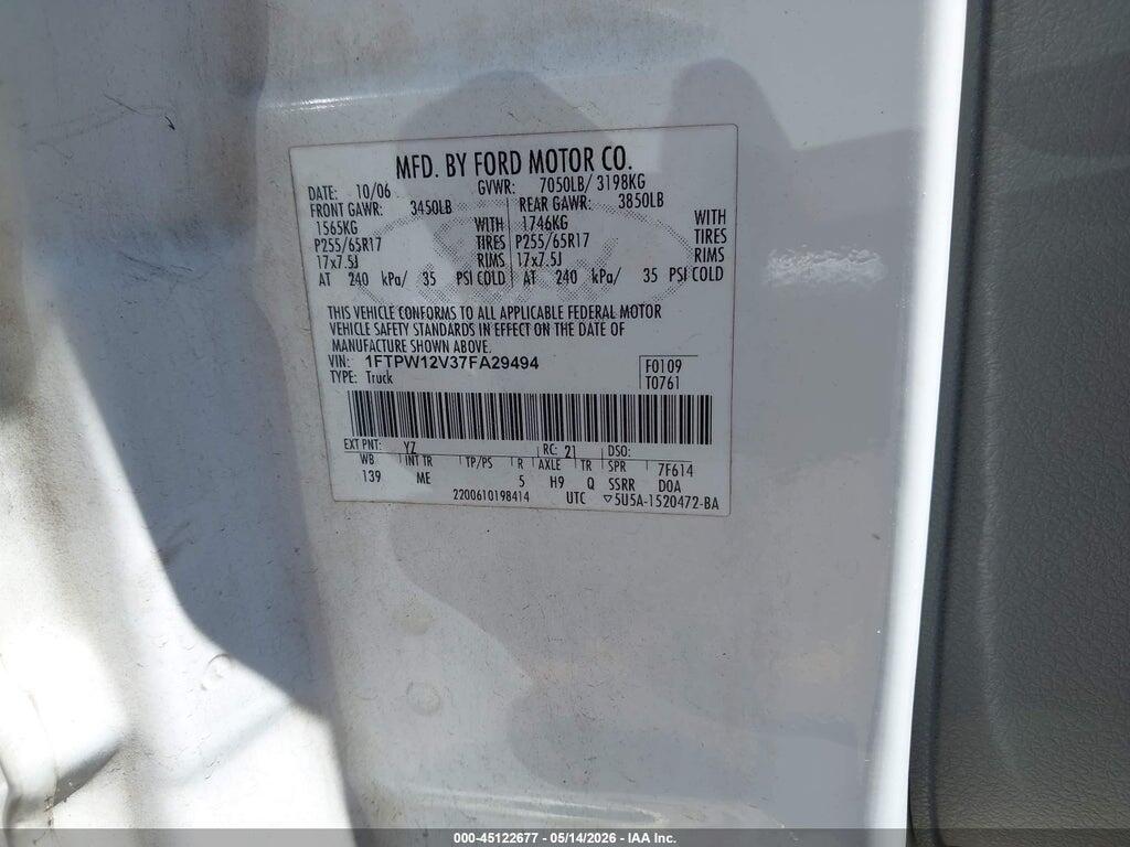 1FTPW12V37FA29494 2007 FORD F-150 photo no. 9