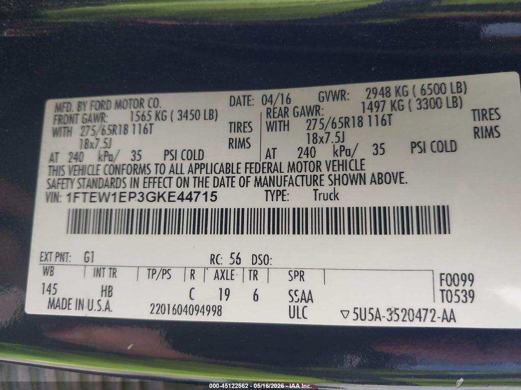 1FTEW1EP3GKE44715 2016 FORD F-150 photo no. 9