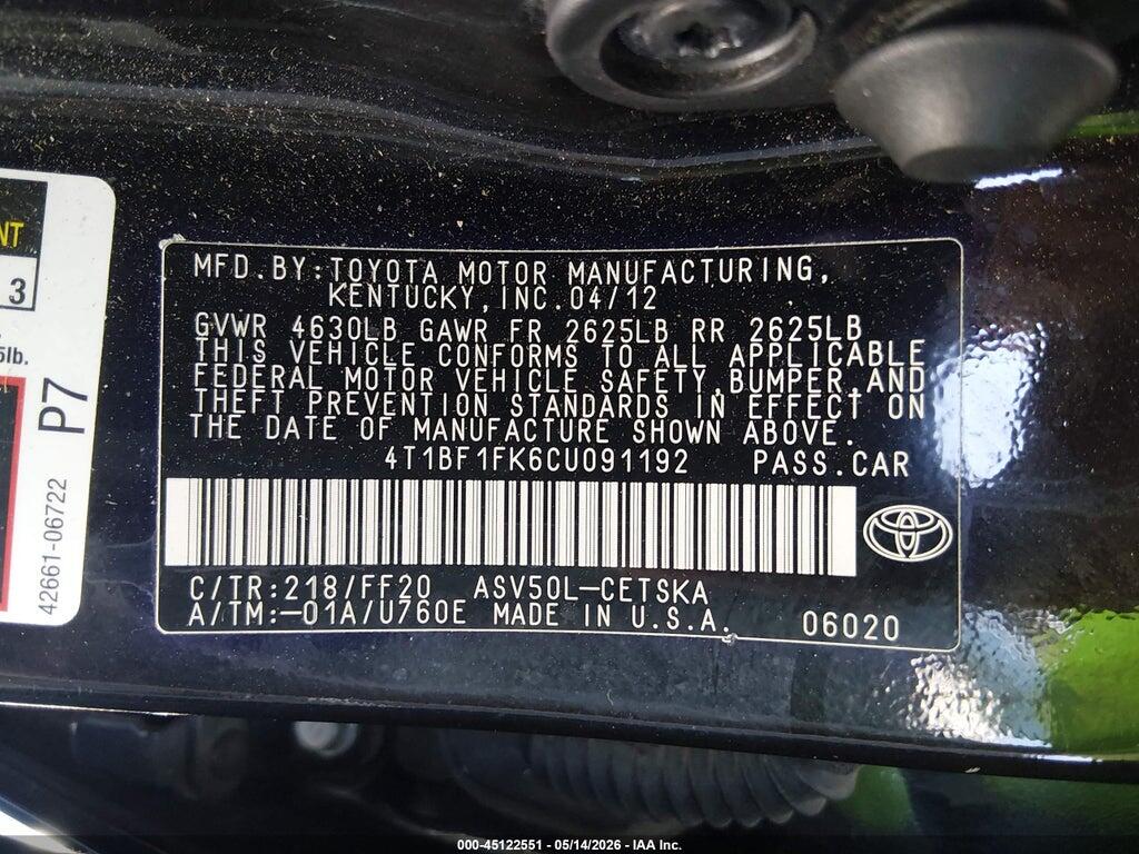 4T1BF1FK6CU091192 2012 TOYOTA CAMRY photo no. 9