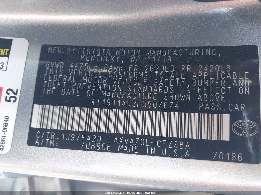 4T1G11AK3LU907674 2020 TOYOTA CAMRY photo no. 9