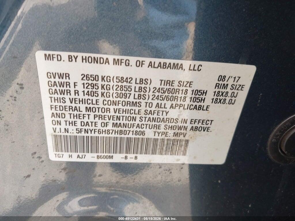 5FNYF6H87HB071806 2017 HONDA PILOT photo no. 9