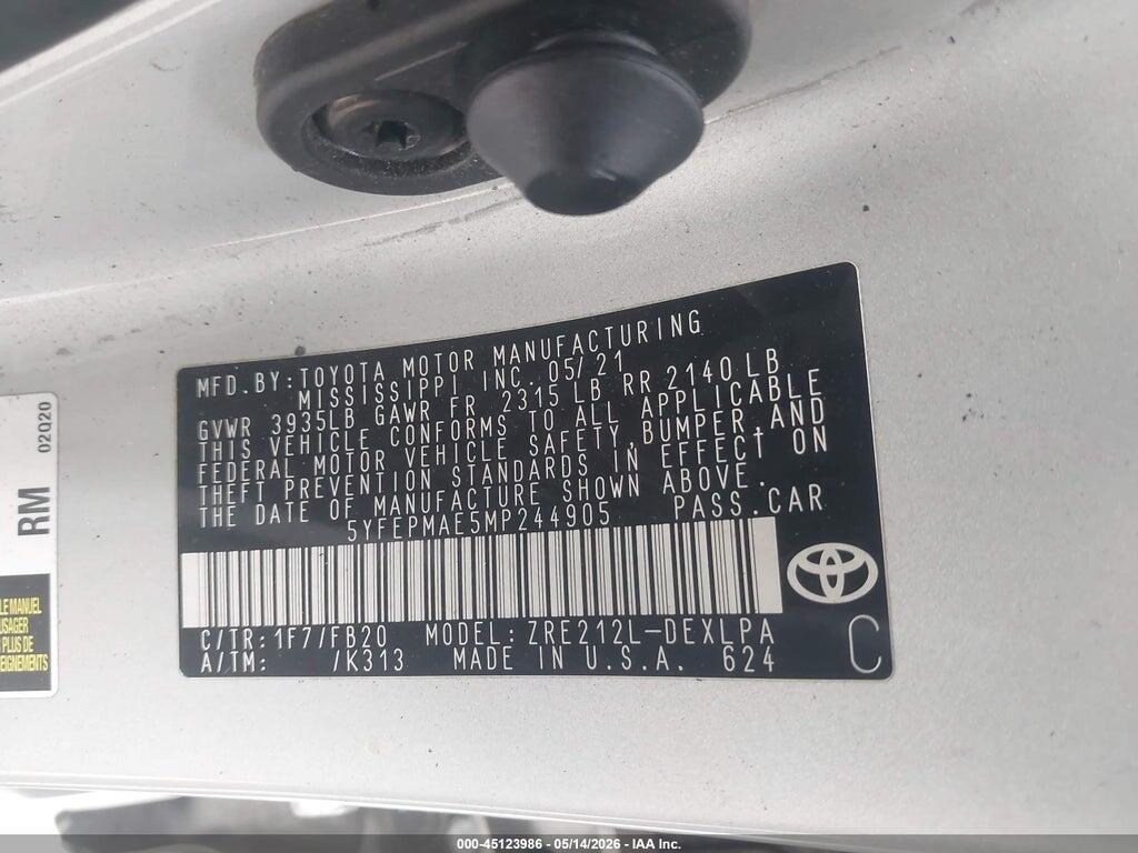 5YFEPMAE5MP244905 2021 TOYOTA COROLLA photo no. 9