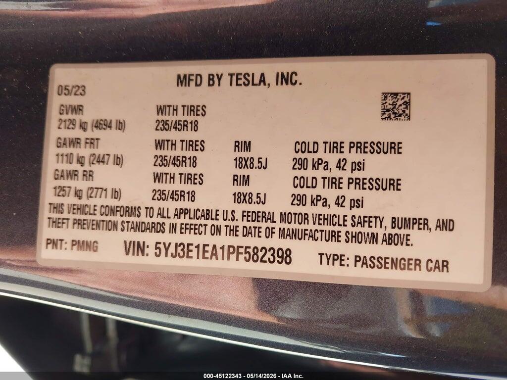 5YJ3E1EA1PF582398 2023 TESLA MODEL 3 photo no. 9