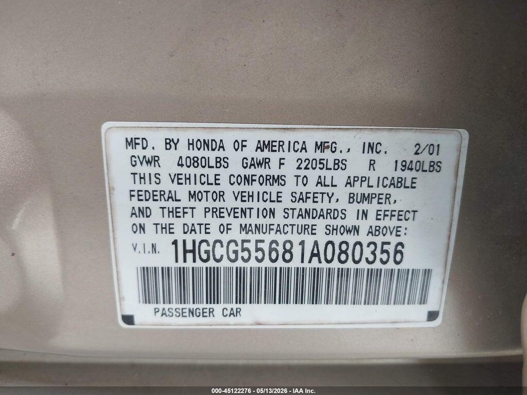 1HGCG55681A080356 2001 HONDA ACCORD photo no. 9
