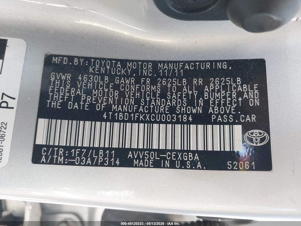 4T1BD1FKXCU003184 2012 TOYOTA CAMRY HYBRID photo no. 9
