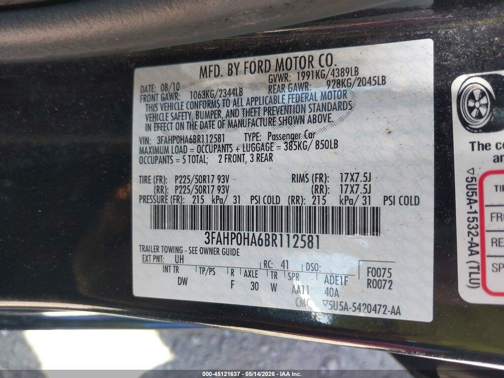 3FAHP0HA6BR112581 2011 FORD FUSION photo no. 9
