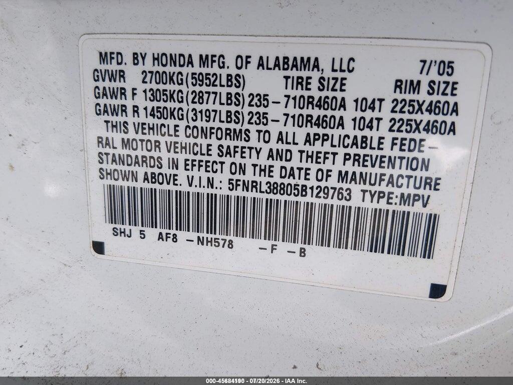 5FNRL38805B129763 2005 HONDA ODYSSEY photo no. 9