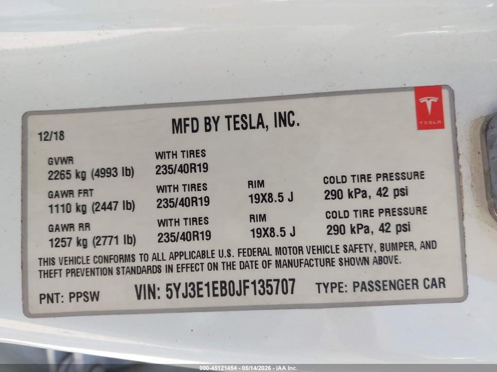 5YJ3E1EB0JF135707 2018 TESLA MODEL 3 photo no. 9
