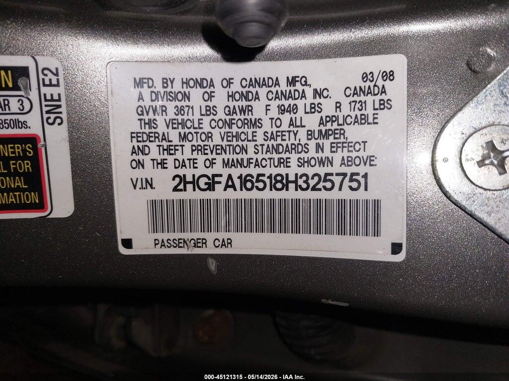 2HGFA16518H325751 2008 HONDA CIVIC photo no. 9
