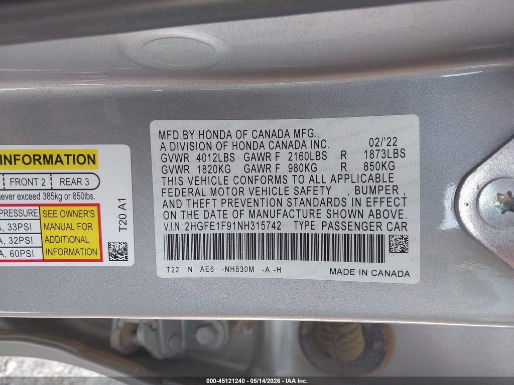 2HGFE1F91NH315742 2022 HONDA CIVIC photo no. 9
