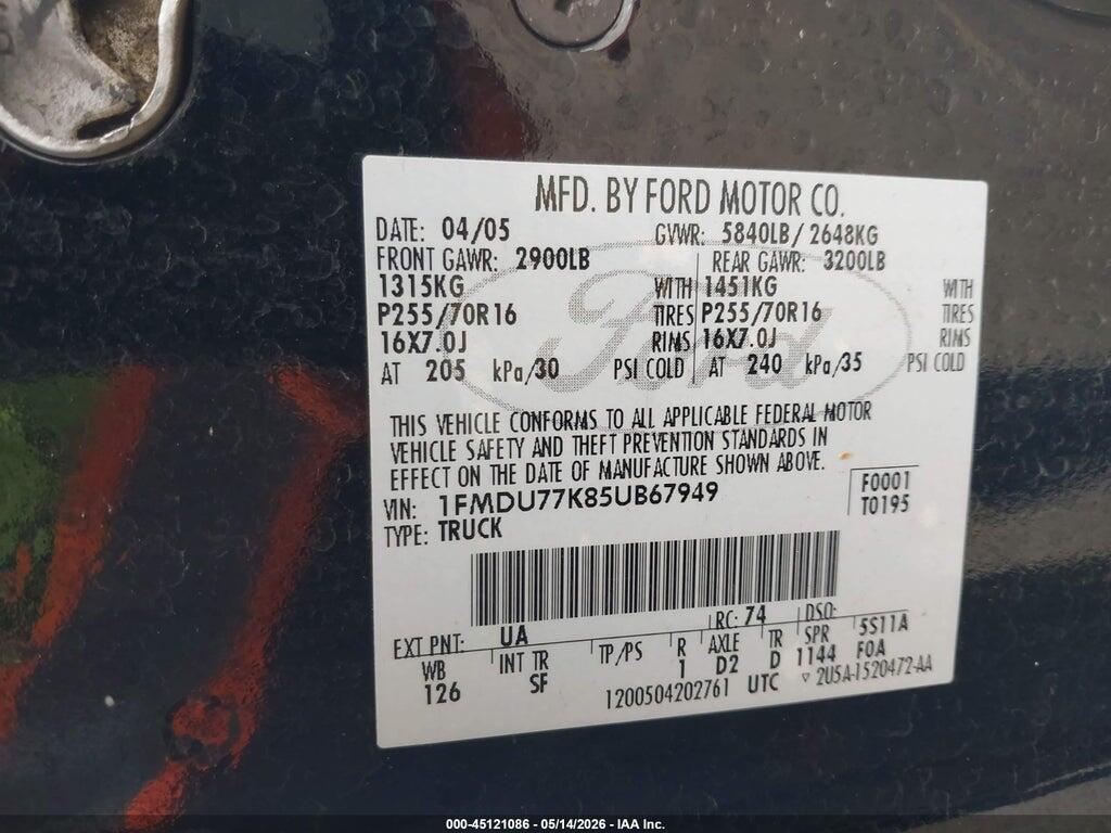 1FMDU77K85UB67949 2005 FORD EXPLORER SPORT TRAC photo no. 9
