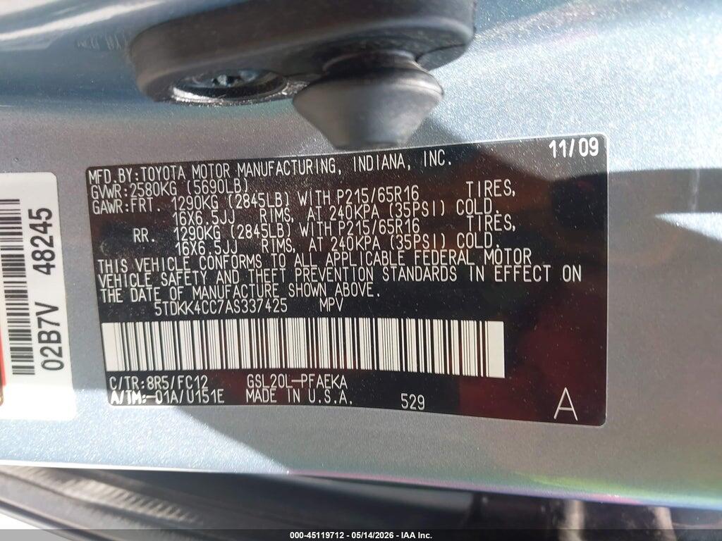 5TDKK4CC7AS337425 2010 TOYOTA SIENNA photo no. 9