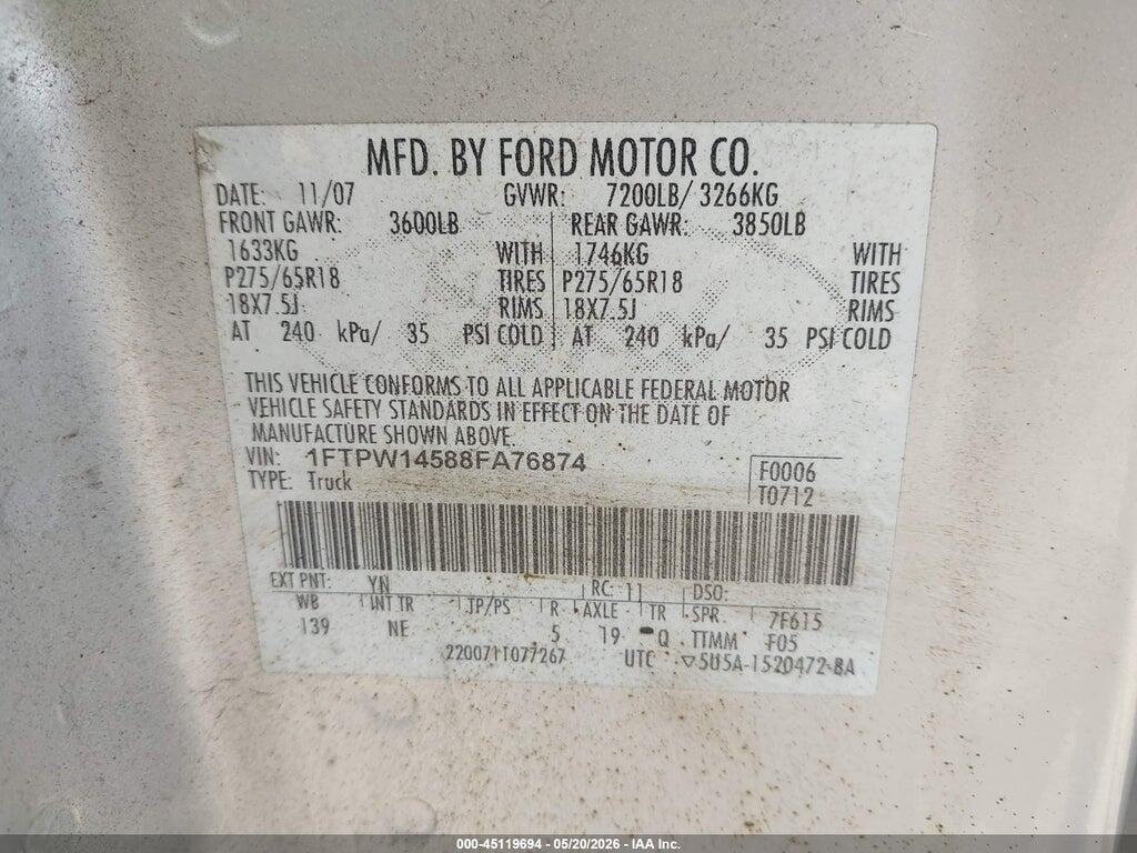1FTPW14588FA76874 2008 FORD F-150 photo no. 9