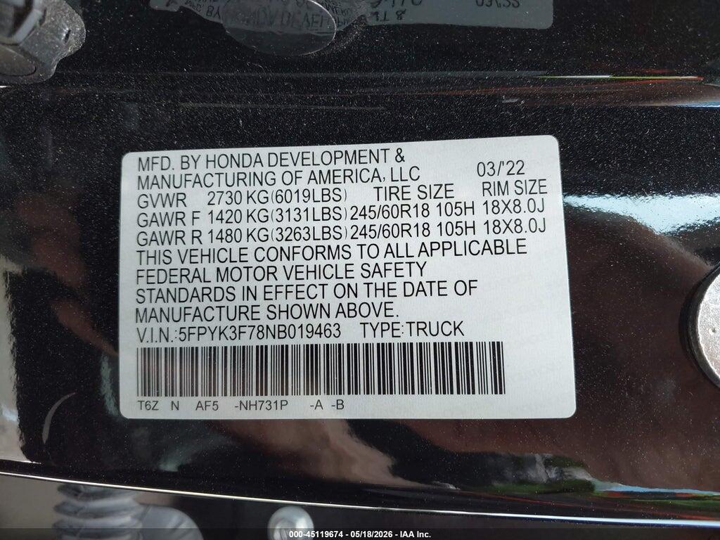5FPYK3F78NB019463 2022 HONDA RIDGELINE photo no. 9
