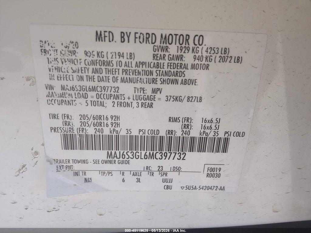 MAJ6S3GL6MC397732 2021 FORD ECOSPORT photo no. 9