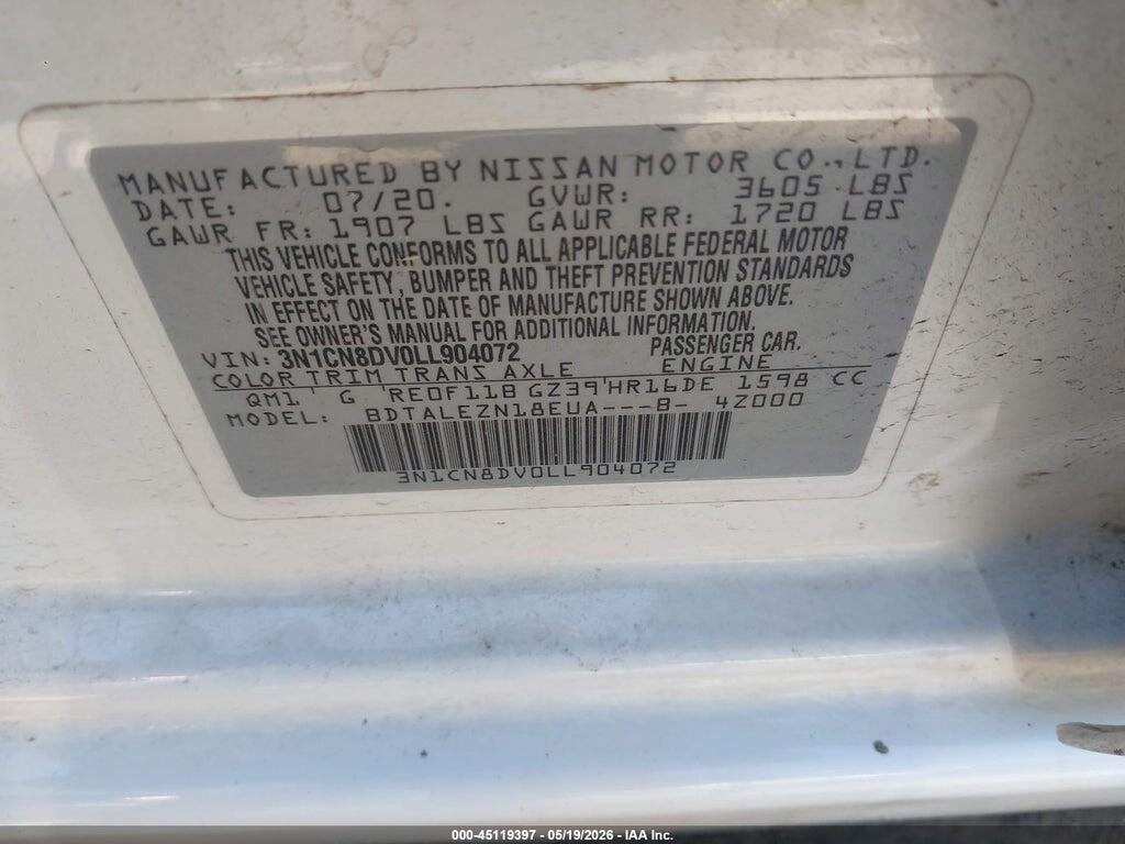 3N1CN8DV0LL904072 2020 NISSAN VERSA photo no. 9