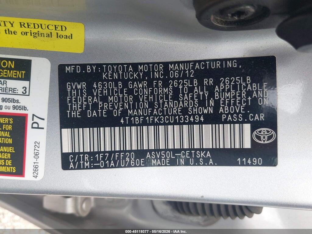 4T1BF1FK3CU133494 2012 TOYOTA CAMRY photo no. 9