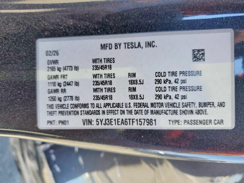 5YJ3E1EA6TF157981 2026 TESLA MODEL 3 photo no. 12