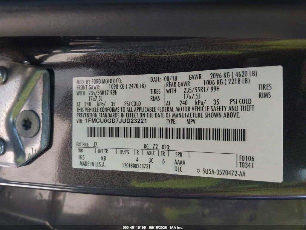 1FMCU0GD7JUD23221 2018 FORD ESCAPE photo no. 9