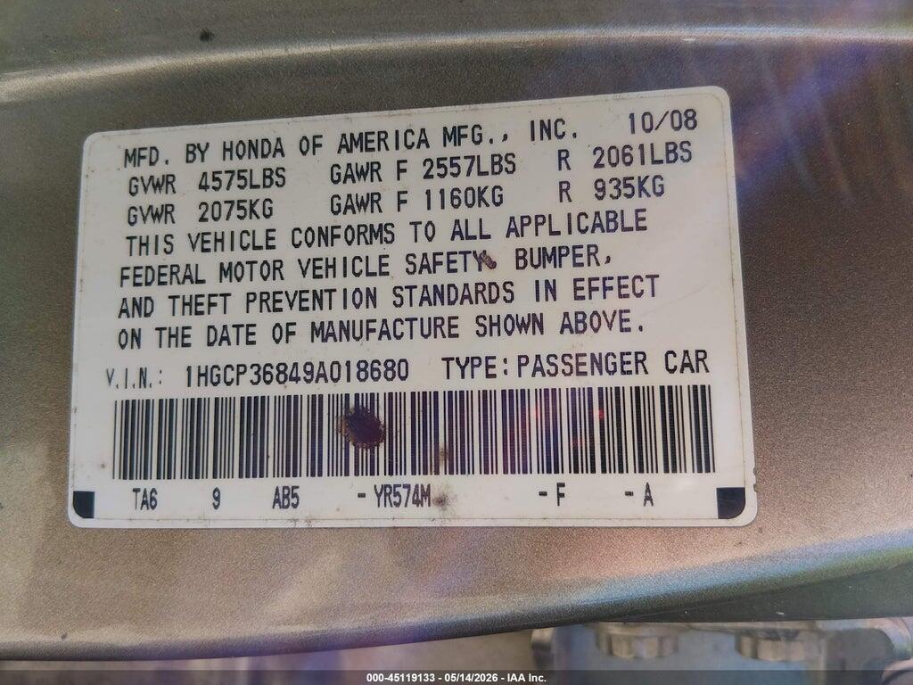 1HGCP36849A018680 2009 HONDA ACCORD photo no. 9