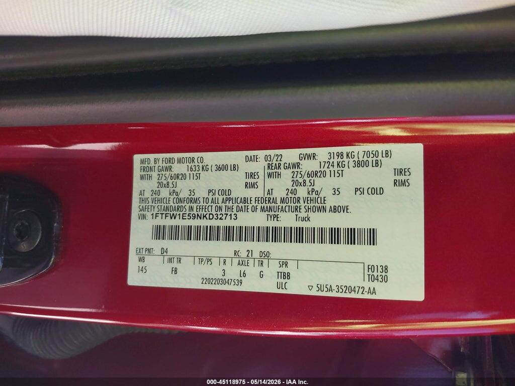 1FTFW1E59NKD32713 2022 FORD F-150 photo no. 9