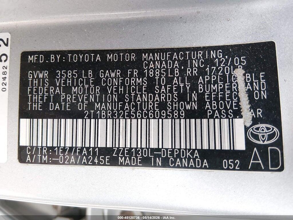 2T1BR32E56C609589 2006 TOYOTA COROLLA photo no. 9