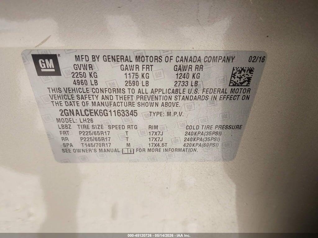 2GNALCEK6G1163345 2016 CHEVROLET EQUINOX photo no. 9