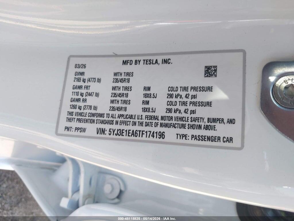 5YJ3E1EA6TF174196 2026 TESLA MODEL 3 photo no. 9