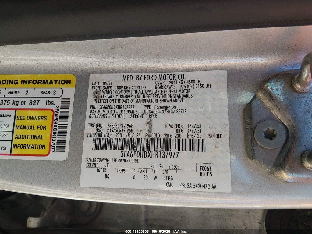 3FA6P0HDXHR137977 2017 FORD FUSION photo no. 9