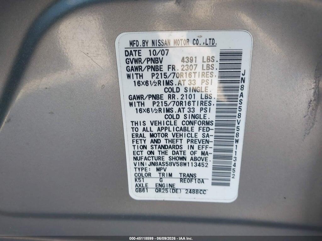JN8AS58V58W113452 2008 NISSAN ROGUE photo no. 9