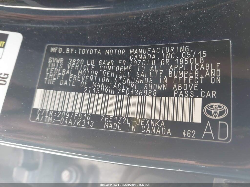 2T1BURHE7FC436988 2015 TOYOTA COROLLA photo no. 9