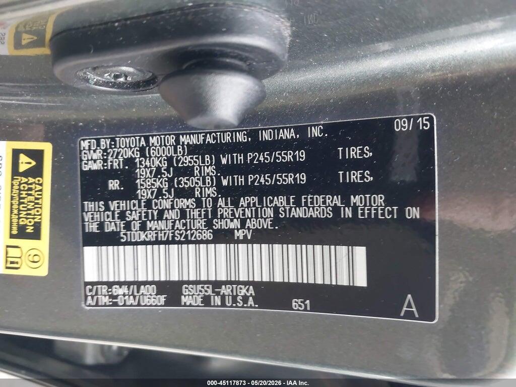 5TDDKRFH7FS212686 2015 TOYOTA HIGHLANDER photo no. 9