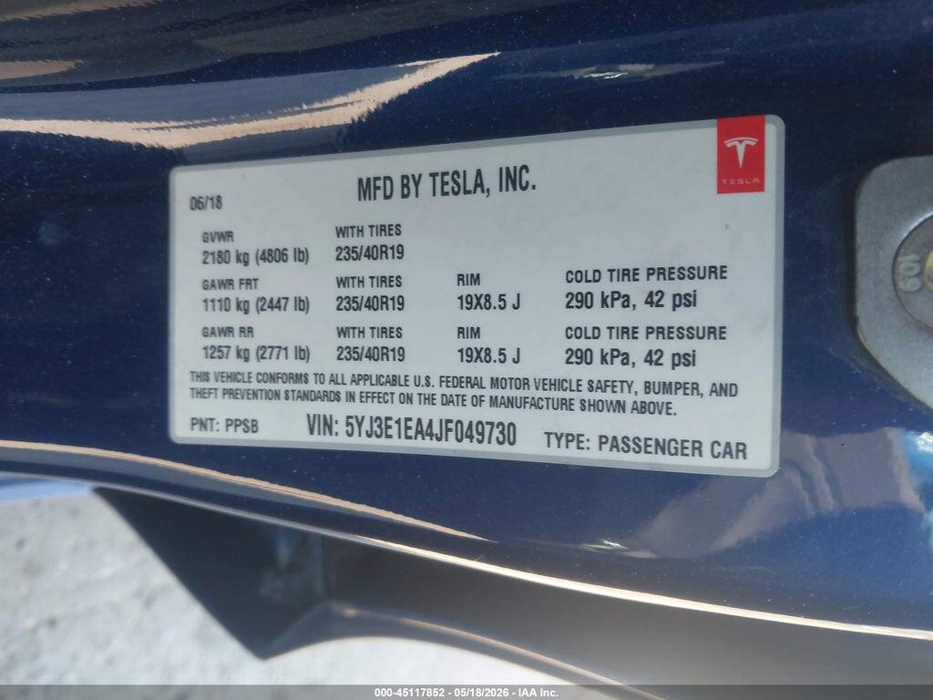 5YJ3E1EA4JF049730 2018 TESLA MODEL 3 photo no. 9
