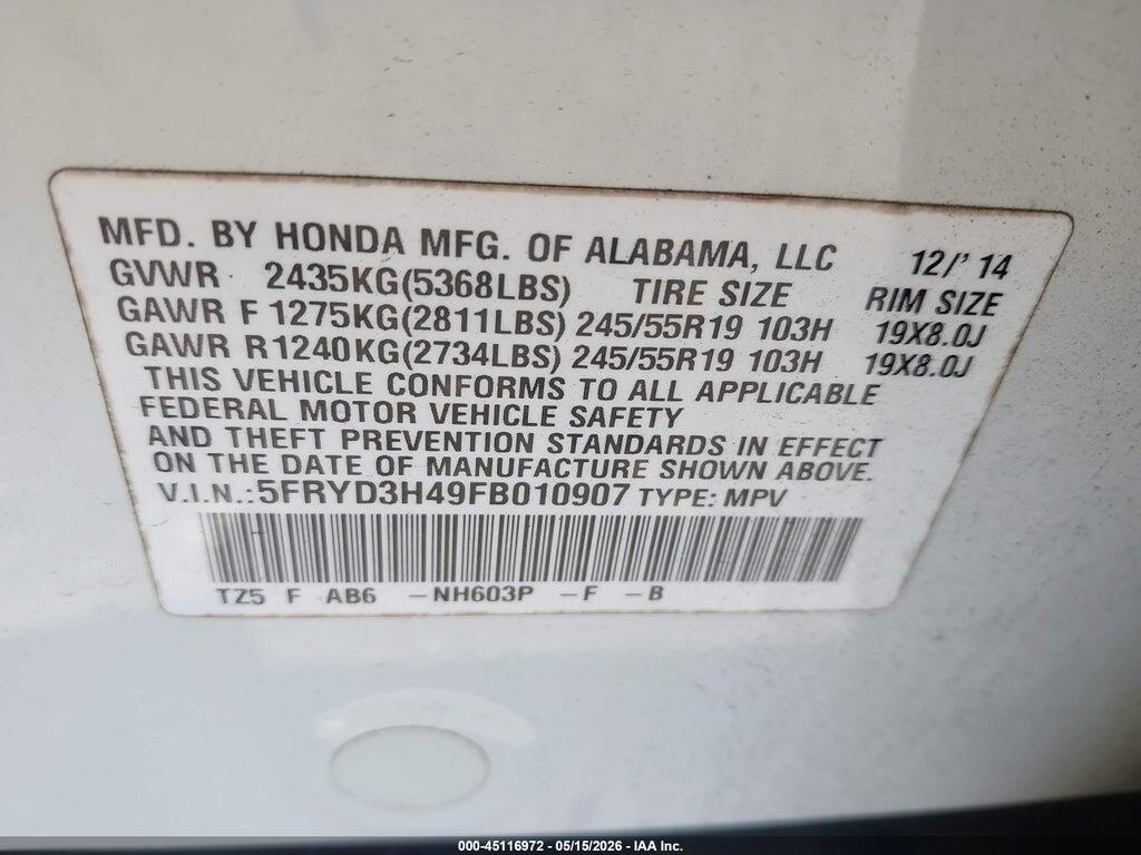 5FRYD3H49FB010907 2015 ACURA MDX photo no. 9